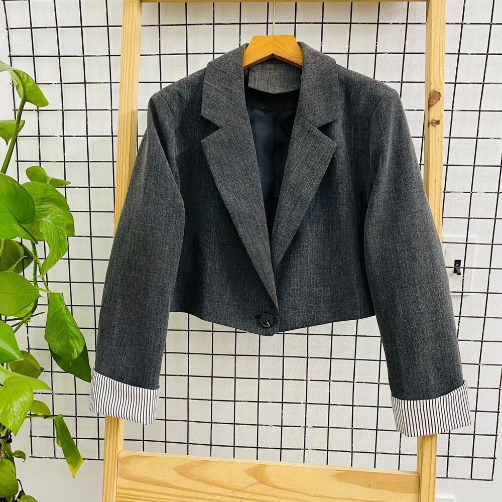 Gray Crop Blazer Striped Cuff One Button Jacket